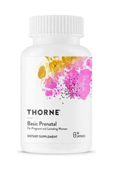 Thorne Basic Prenatal dietary supplement bottle with 90 capsules for pregnant and lactating women.